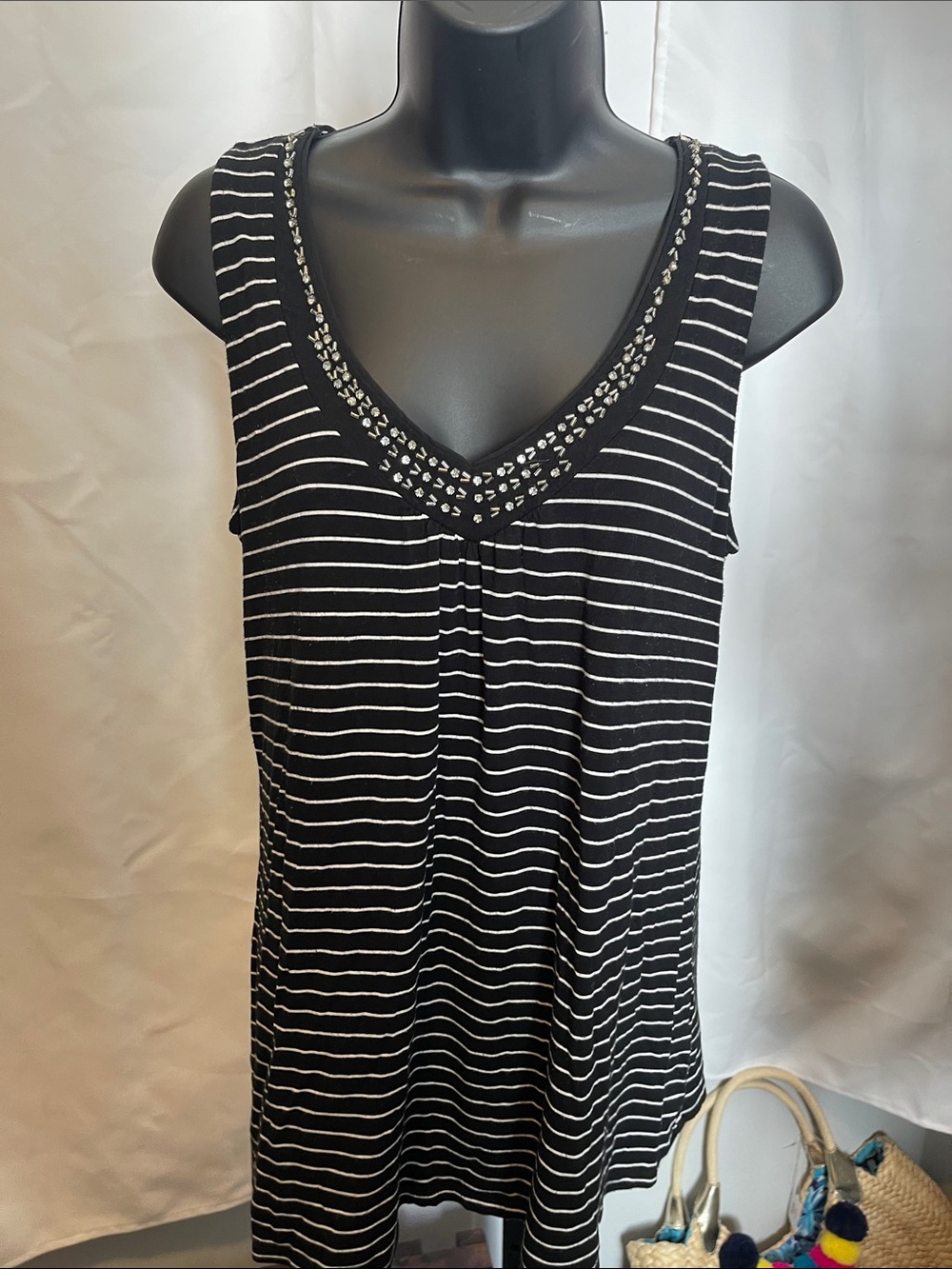 White House Black Market Black & White Striped V-Neck Tank with Beaded Trim